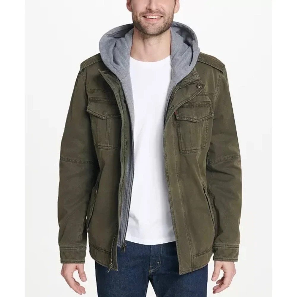 Levi's Mens Military Jacket Green‎ Olive Washed Cotton Sherpa Lined Hooded Small